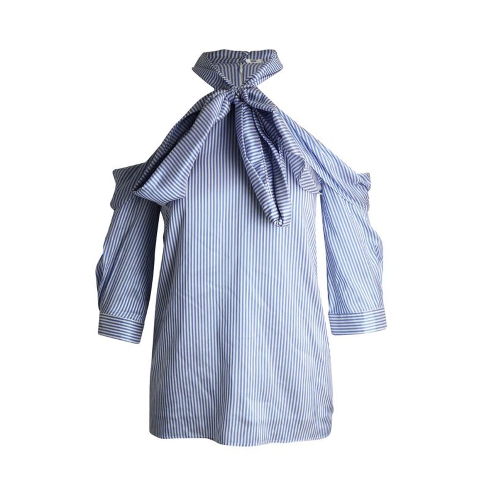 Erdem Elin Striped Cold-shoulder Tie-neck Top In Light Blue Silk
